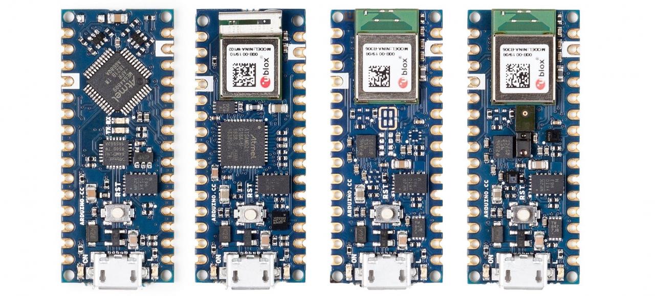 新的Arduino Nano系列； Nano Every（最左側），Nano 33 IoT（左側），Nano 33 BLE（右側）和Nano 33 BLE Sense（最右側）。 （📷：Arduino的）