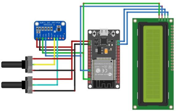 ADS1115、ESP32 和 LCD 連接圖