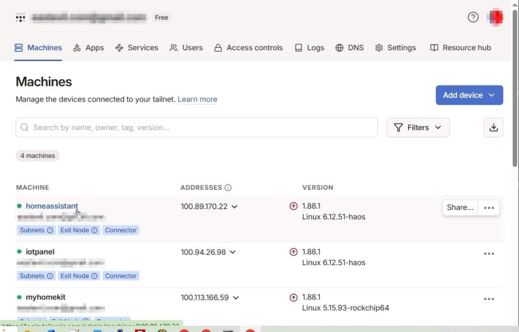 加入 Tailscale 的設備清單