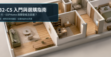 ESP32-C5入門與選購指南寬幅特色圖，以住宅配置示意同室、隔牆與遠端IoT裝置；實際訊號依牆面、位置與基地台而異。
