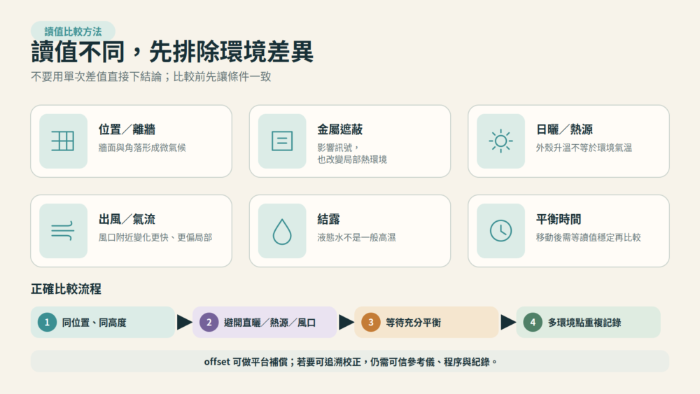 同一空間中的牆面、日照、熱源、冷氣出風口、金屬遮蔽與放置高度如何造成 SNZB-02WD 讀值差異,以及正確的同位置比較方法