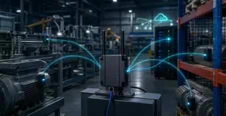 工廠馬達上的 BLE 感測器透過中央工業藍牙網關連接邊緣伺服器的寫實科技意念圖