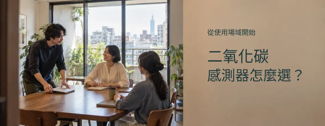 明亮的室內共用空間，幾位工作者交談，右側為文章標題