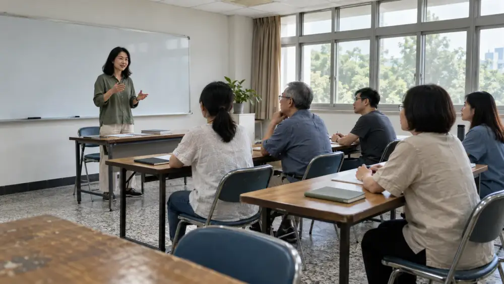 有學員上課的教室,窗戶和天花板通風設施可見