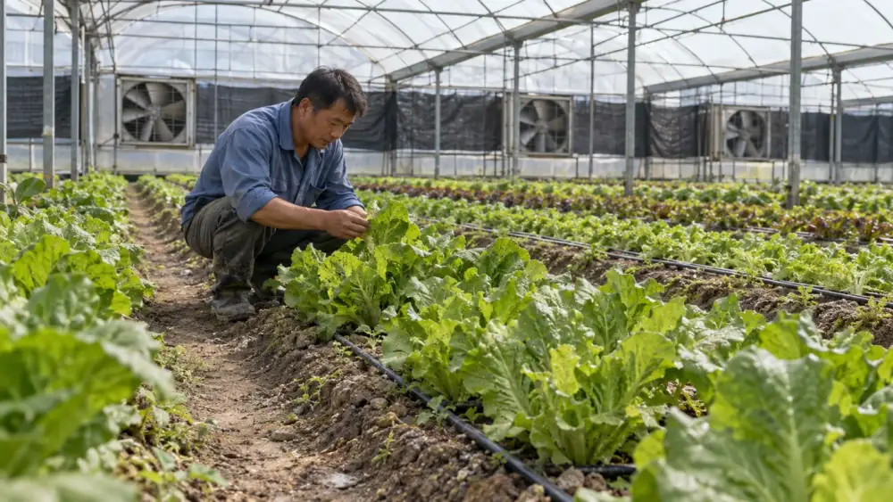 有工作人員照料作物的溫室,棚架與通風設備可見