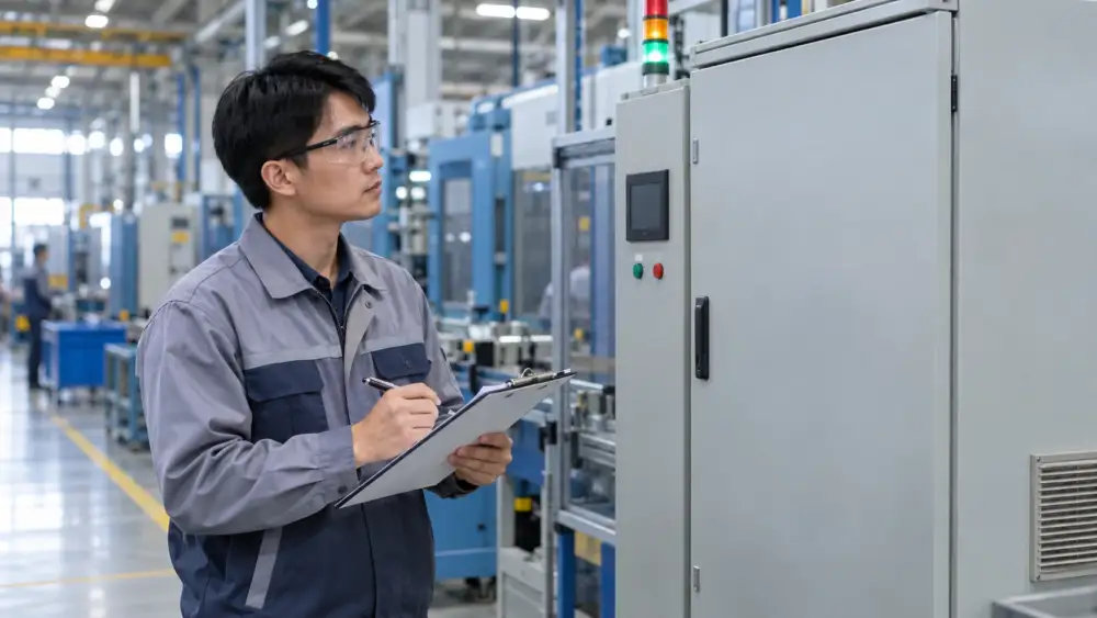 穿戴安全裝備的工廠維修人員在關閉的控制櫃外記錄 RS485 通訊問題的情境示意;非真實測試。
