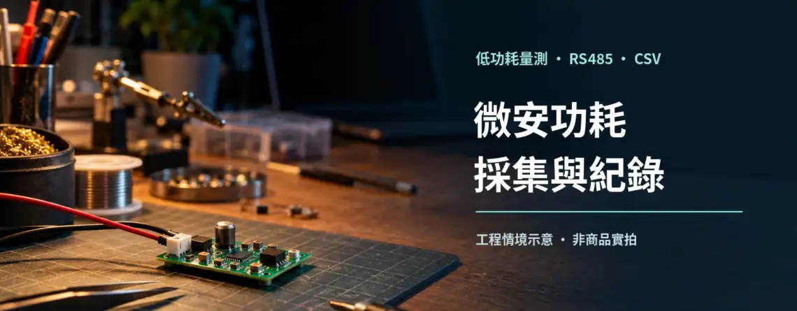 工程工作桌上的低功耗感測板與電源線情境示意，搭配微安功耗採集與紀錄主題文字；非商品實拍。