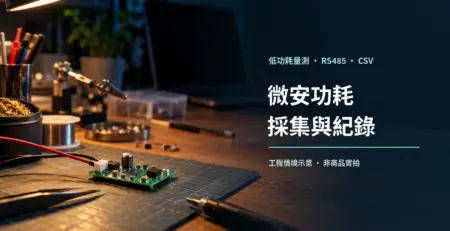 工程工作桌上的低功耗感測板與電源線情境示意，搭配微安功耗採集與紀錄主題文字；非商品實拍。