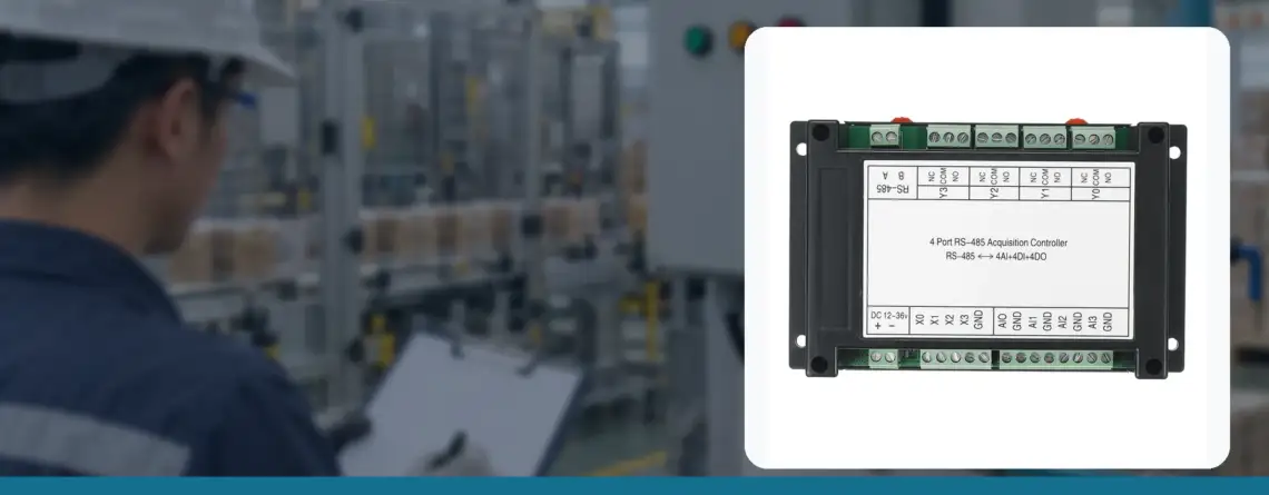 4DI 4AI 4DO 控制器商品實拍與工廠應用示意背景，非現場安裝照片