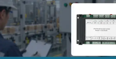 4DI 4AI 4DO 控制器商品實拍與工廠應用示意背景，非現場安裝照片