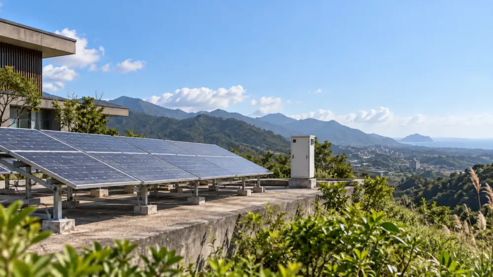 山區建築旁的小型太陽能板與關閉的電箱,現場沒有工作人員