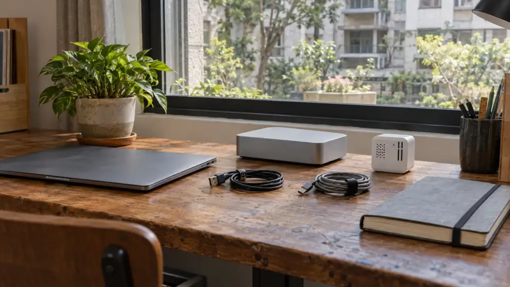 窗邊開發工作桌上的筆電、封裝裝置、USB 線材與盆栽，AI 生成情境示意