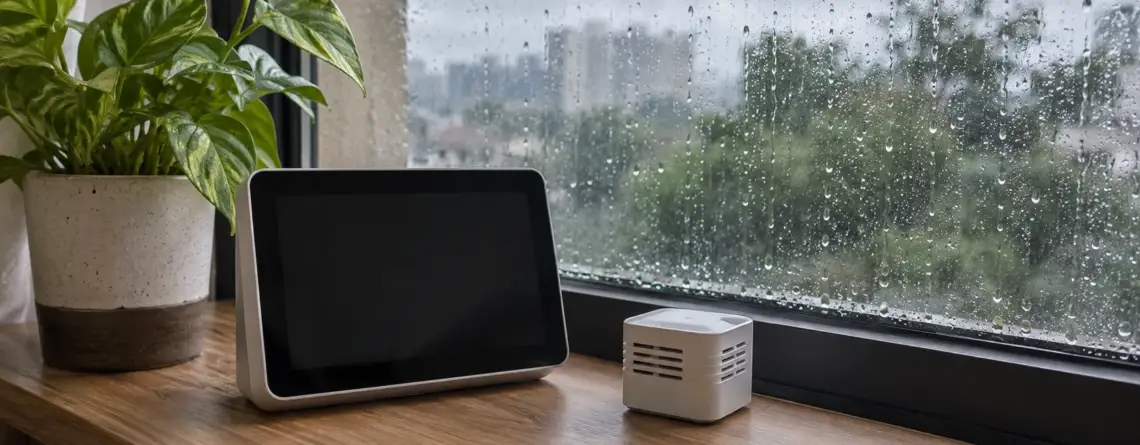 雨窗旁的桌上顯示裝置與盆栽，AI 生成情境示意