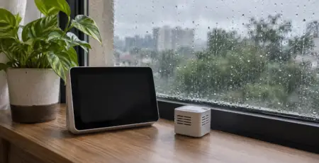 雨窗旁的桌上顯示裝置與盆栽，AI 生成情境示意