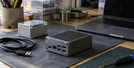 工作桌上的封裝運算裝置、筆電與未連接 USB 線材，AI 生成情境示意