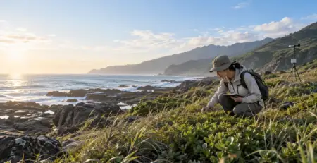 海岸丘陵自然環境踏查情境，研究者在草地觀察風與場址