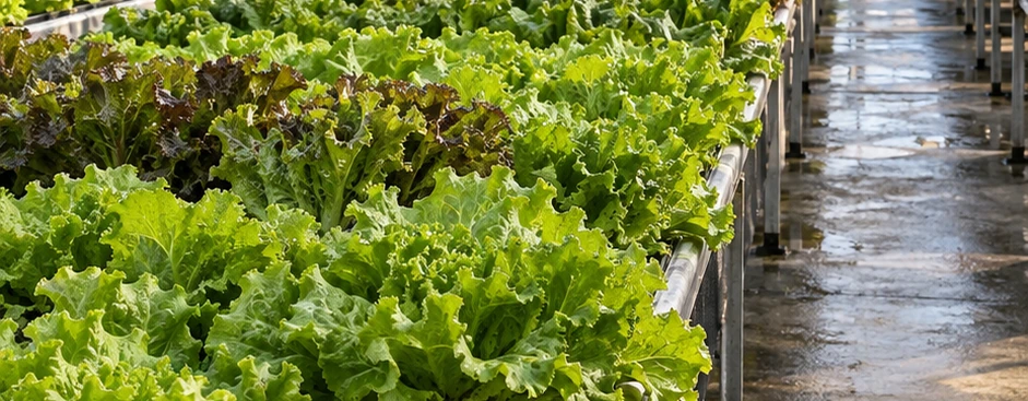 自然日光下的溫室葉菜栽培區、走道與棚架；用於說明規劃光照監測的應用情境。