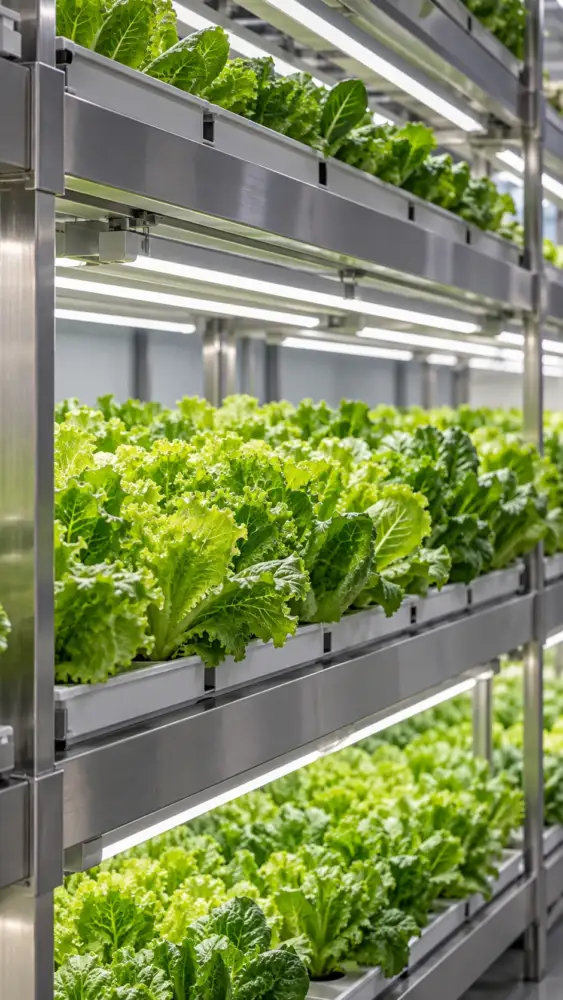 植物工廠多層葉菜栽培架與白光 LED 的光照情境,用於說明不同光源需核對量測條件。