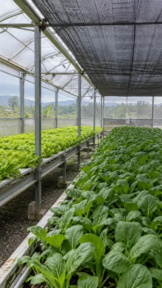 溫室棚架與遮陰網下的栽培區,用於說明環境結構可能影響不同測點的光照。