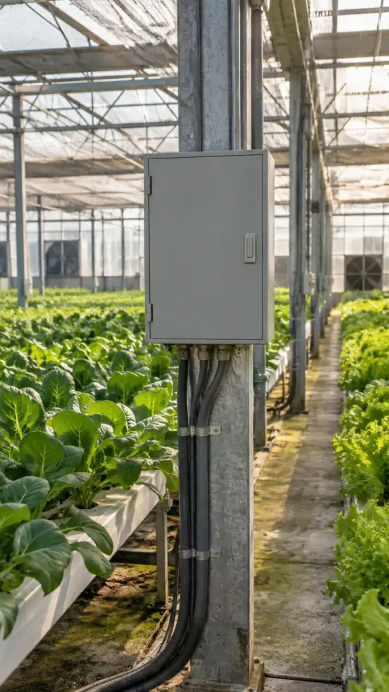 溫室內的控制箱與管線配置,用於說明主機、供電與接線保護需另外安排。