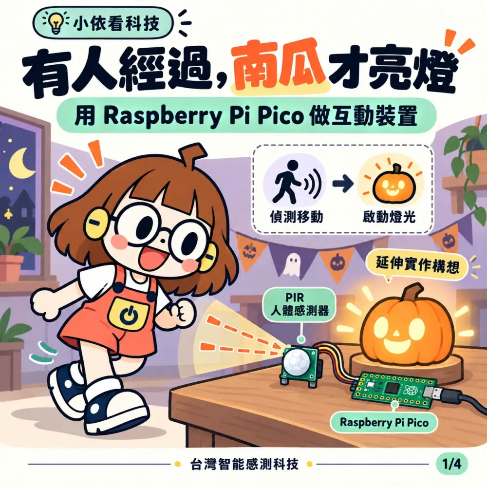 小依走過 PIR 感測區觸發 Pico 南瓜燈的應用構想
