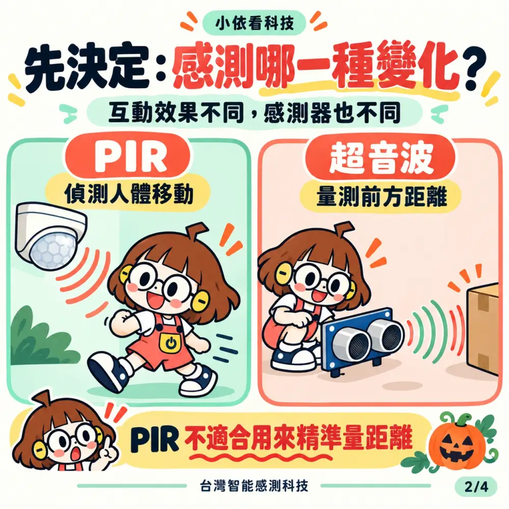 PIR 偵測人體移動與超音波量測距離的用途比較