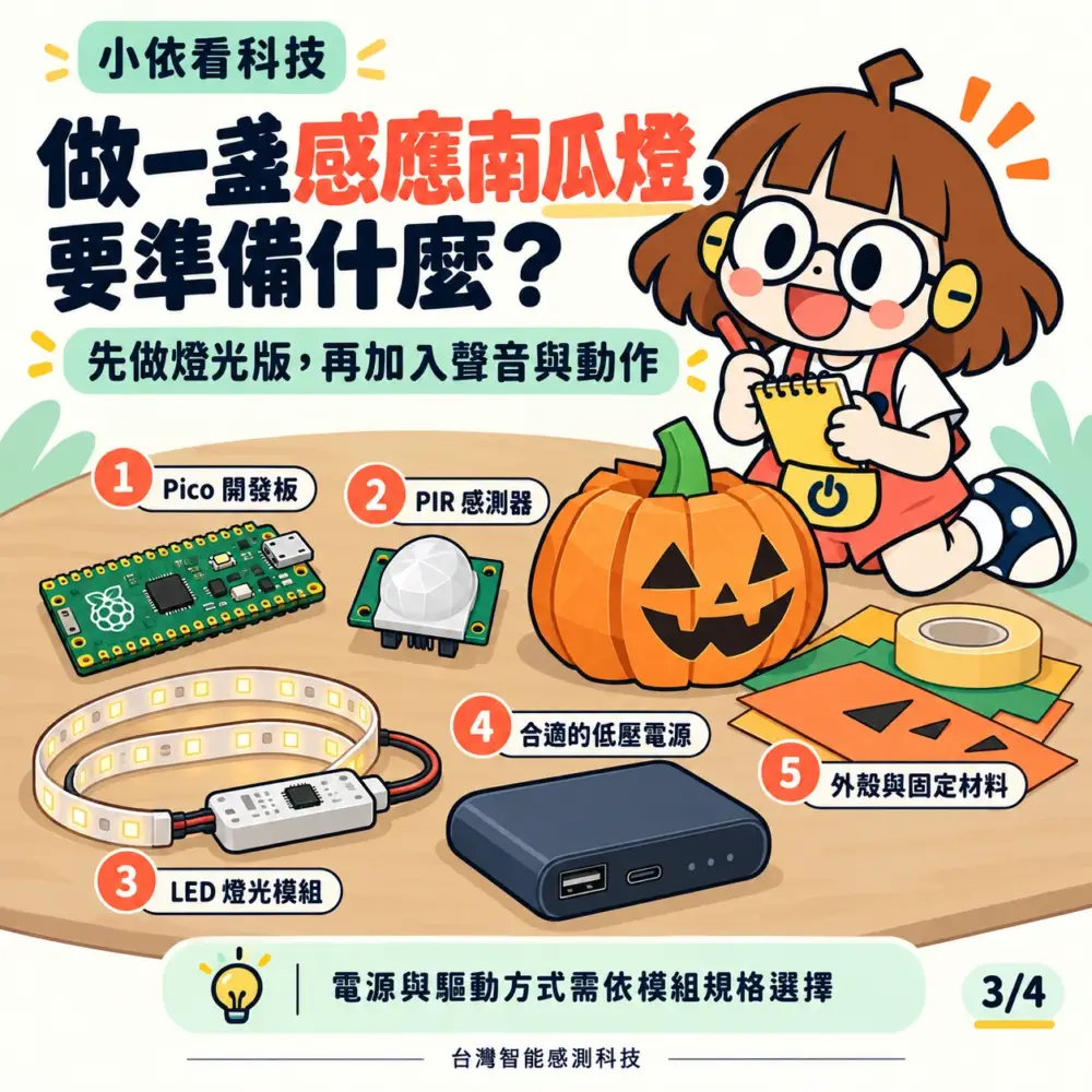 Pico 開發板、PIR、LED、低壓電源與外殼材料清單