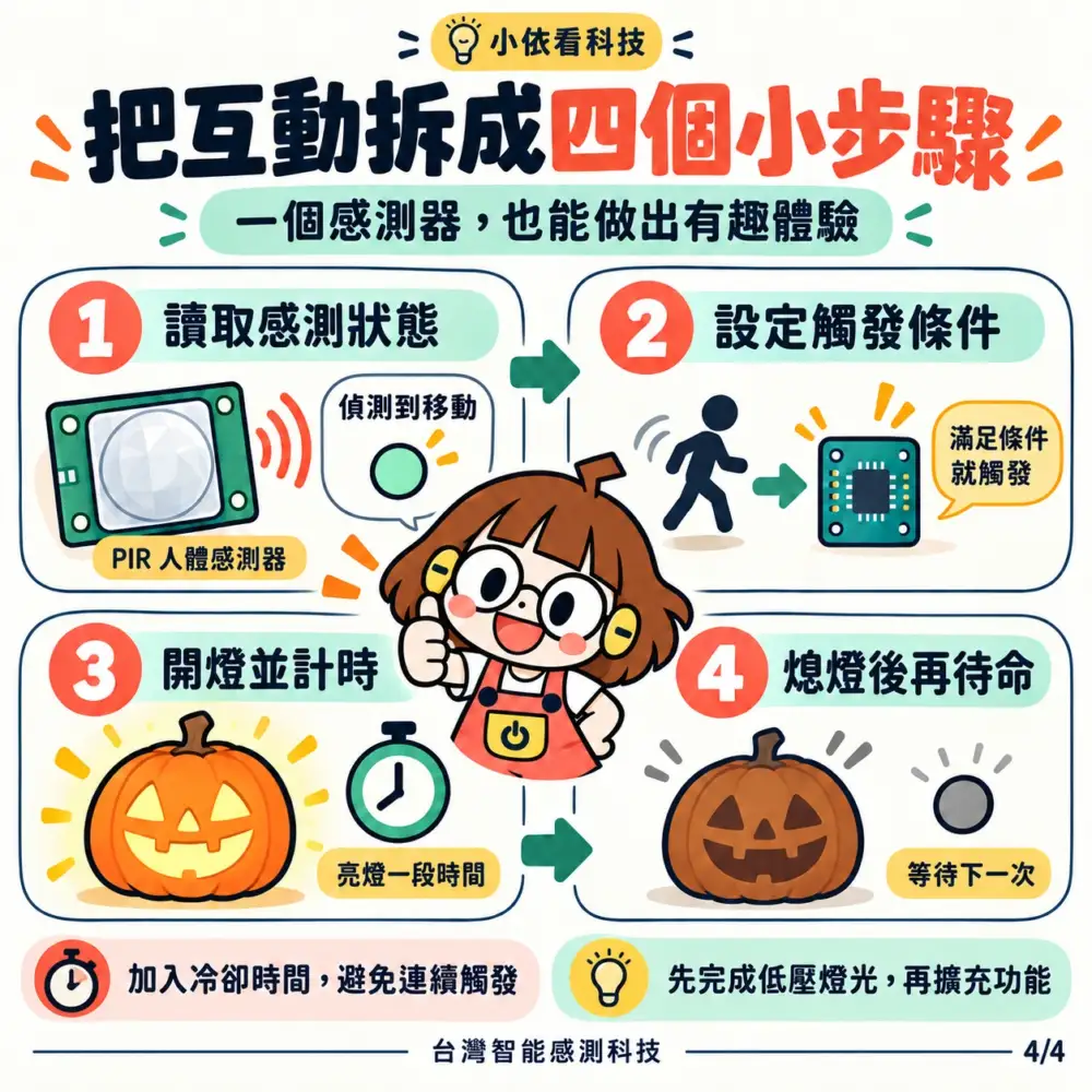 感測狀態、觸發條件、亮燈計時與回到待命的互動流程