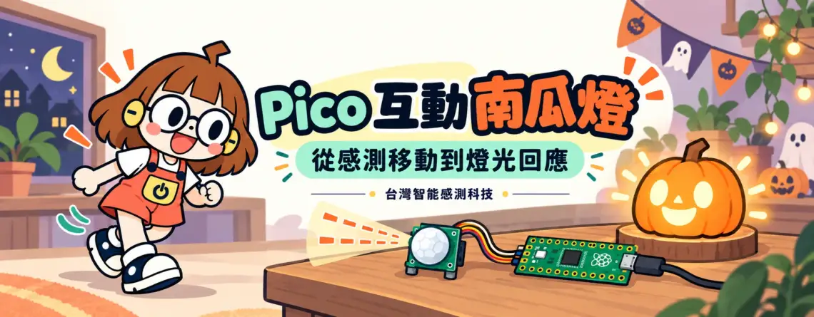 Raspberry Pi Pico 互動南瓜燈：PIR 感測、LED 控制與專題規劃的應用情境插畫